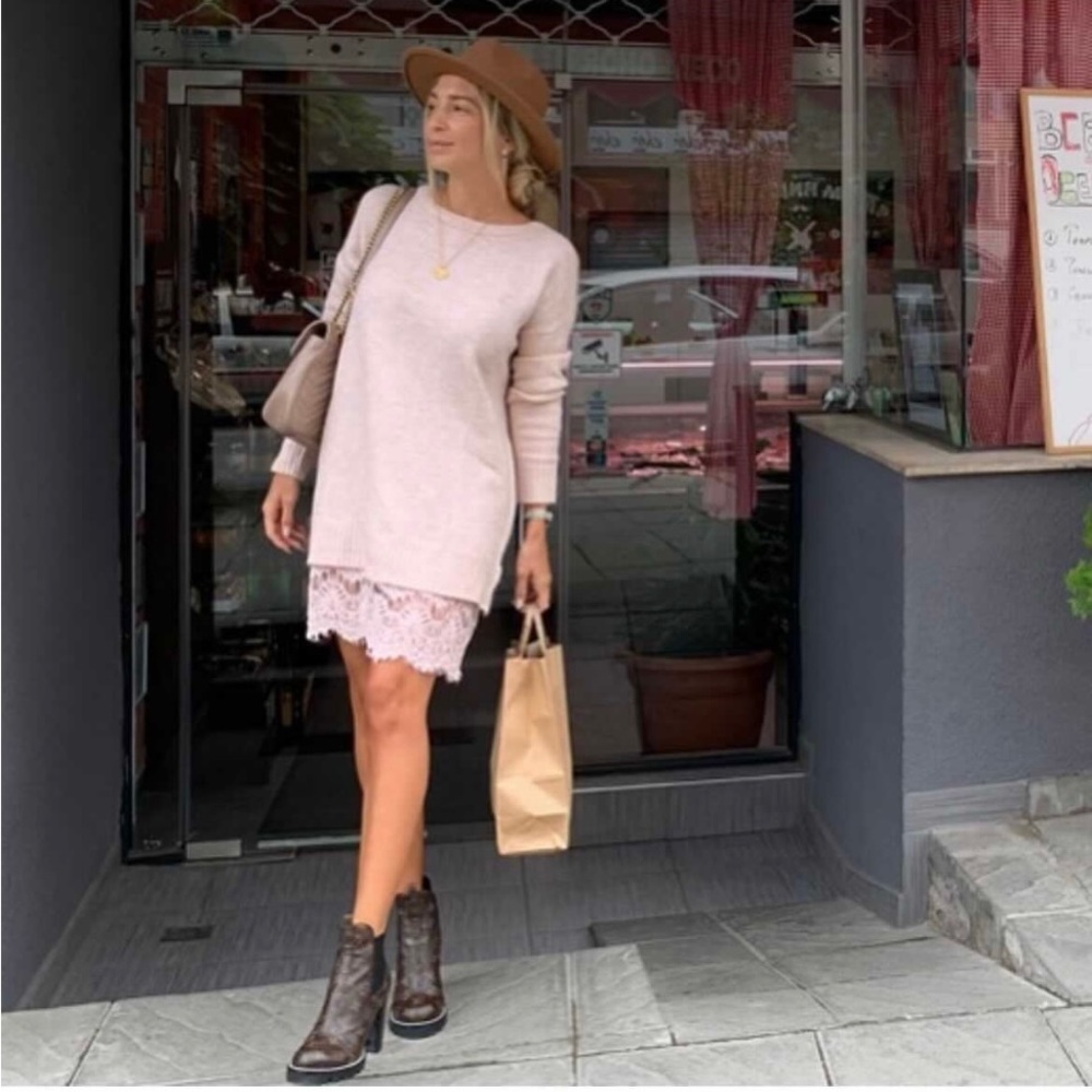 Soft Pink Sweater Dress Lace Trim by Reserved